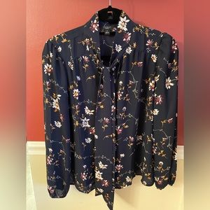 Ann Taylor Factory Tie-Neck Navy Floral Blouse